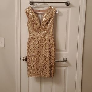 BCBG Deep V Low Back Gold Pencil Dress Size 2